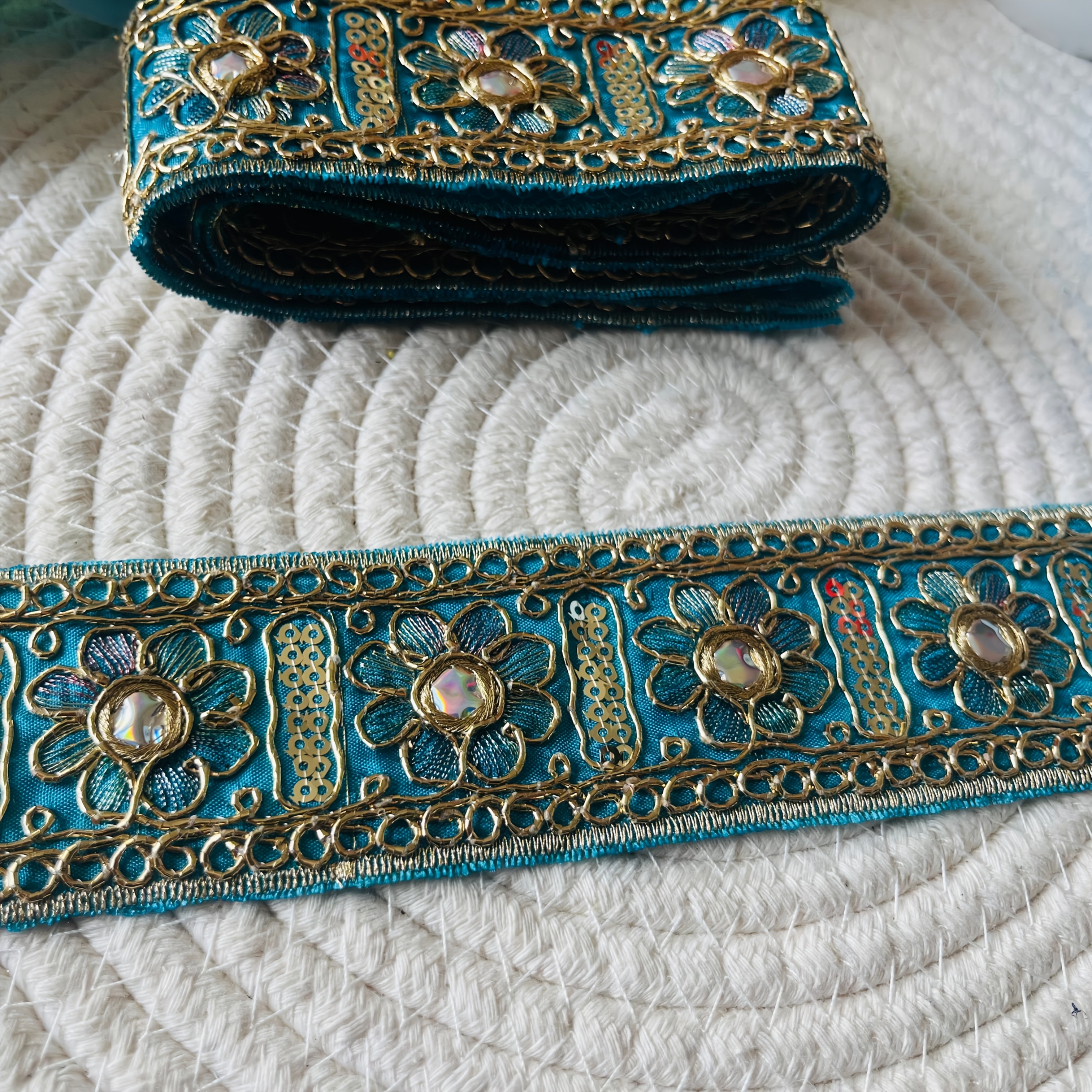 150Cm Ethnic Style Embroidered Lace with Bead Embellishments